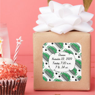 Pegatina Cuadrada Regalos para Baby Shower de Auto Retro Verde Dulce