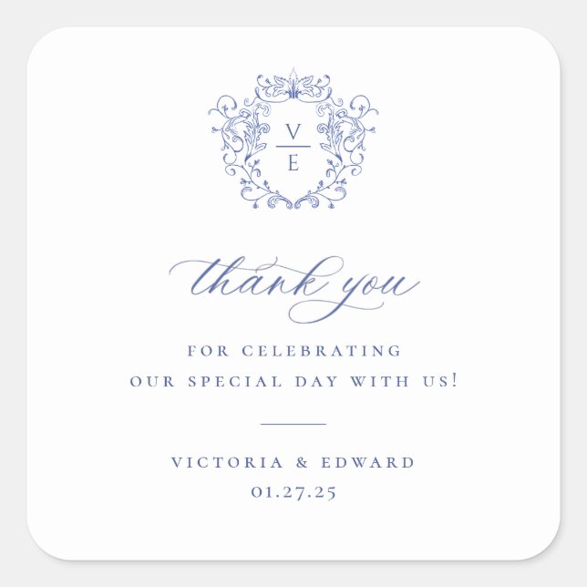 Pegatina Cuadrada Regency Blue Escudo Monograma Boda Gracias (Anverso)