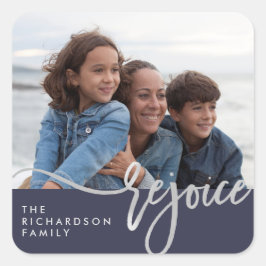 Pegatina Cuadrada Regocijo plateado | Tipografía moderna con foto