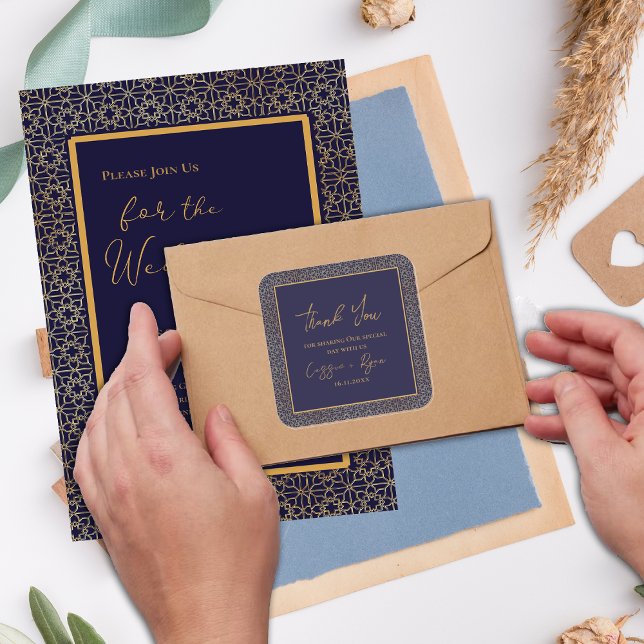 Pegatina Cuadrada Regy Navy y Gold Design Boda Gracias (Regal Navy and Gold Design Wedding Thank You Square Sticker)
