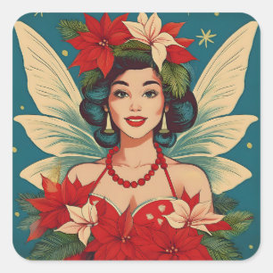 Pegatina Cuadrada Reina de la belleza pin-up navideña tropical retro