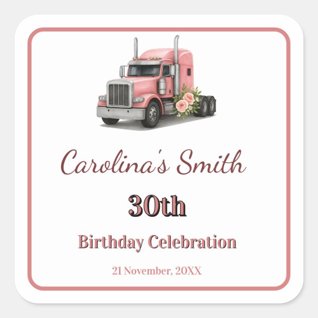 Pegatina Cuadrada Reina de la carretera Cumpleaños camionera (Anverso)
