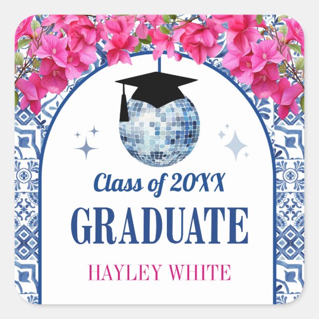 Pegatina Cuadrada Reina del Baile Bola de Discoteca Fiesta de Gradua (Anverso)