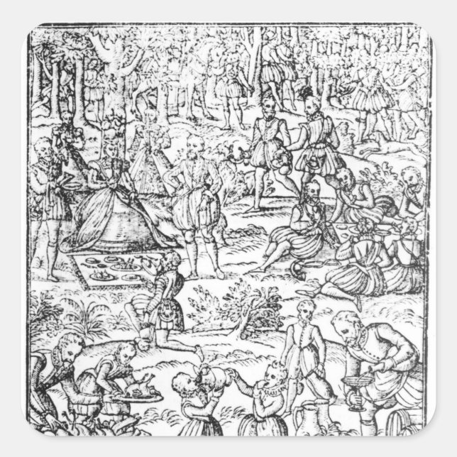 Pegatina Cuadrada Reina Isabel I en un picnic de caza (Anverso)