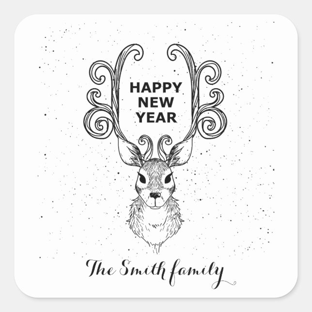 Pegatina Cuadrada Reindeer blanco y negro mágico de Año Nuevo (Anverso)