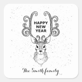 Pegatina Cuadrada Reindeer blanco y negro mágico de Año Nuevo