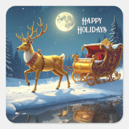 Pegatina Cuadrada Reindeer Christmas Sleigh Holiday Sticker