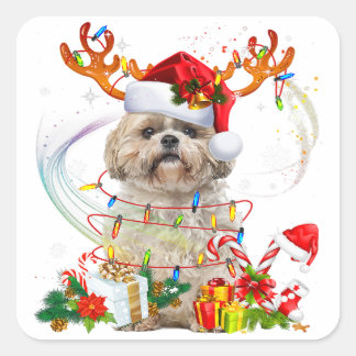 Pegatina Cuadrada Reindeo de los Navidades Shih Tzu | Luces Navidade