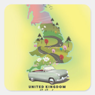 Pegatina Cuadrada Reino Unido 'Por carretera' Póster de viaje vintag