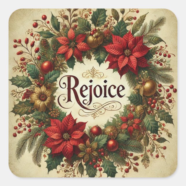 PEGATINA CUADRADA REJOICE VINTAGE CHRISTMAS POINSETIA RELIGIOSA (Anverso)