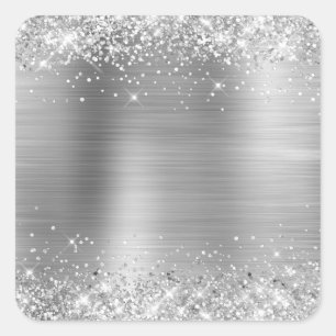 Pegatina Cuadrada Relieve metalizado plateado Purpurinoso en blanco