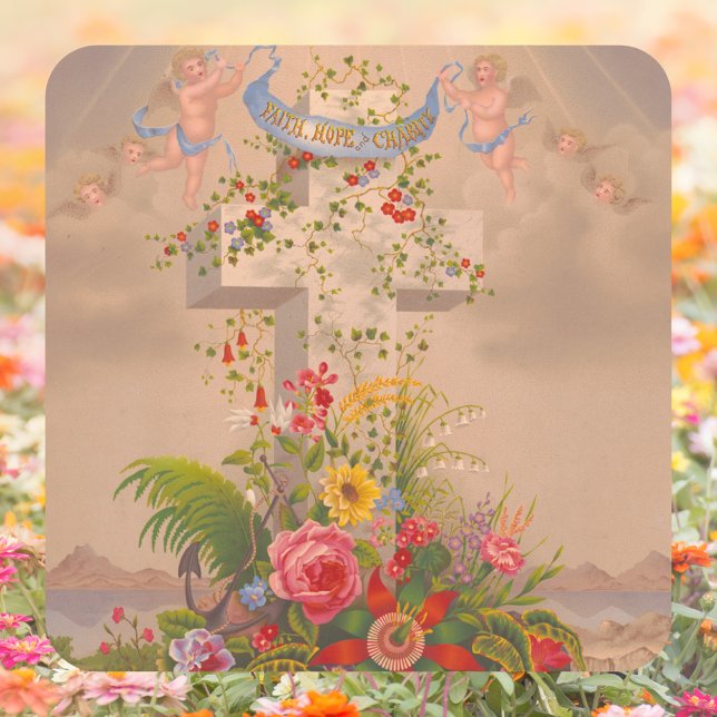 Pegatina Cuadrada Religiosa Esperanza Caridad Cruz Floral Pascua (Religious Christian Catholic Faith Hope Charity Floral Cross Christ is risen Easter Square Sticker)