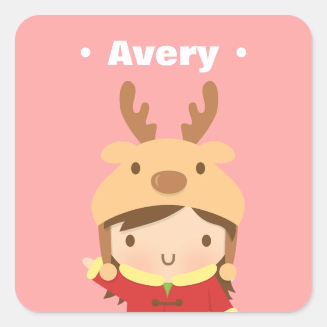 Pegatina Cuadrada Rellenos de Navidad de Niña con Gorro de Reno Ador (Anverso)
