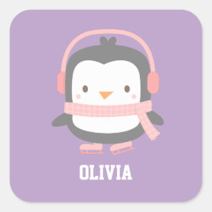 Pegatina Cuadrada Rellenos de Navidad de Pingüino Lindo para Niñas