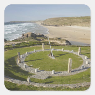 Pegatina Cuadrada Reloj de sol y Perran Beach, Perranporth, Cornuall