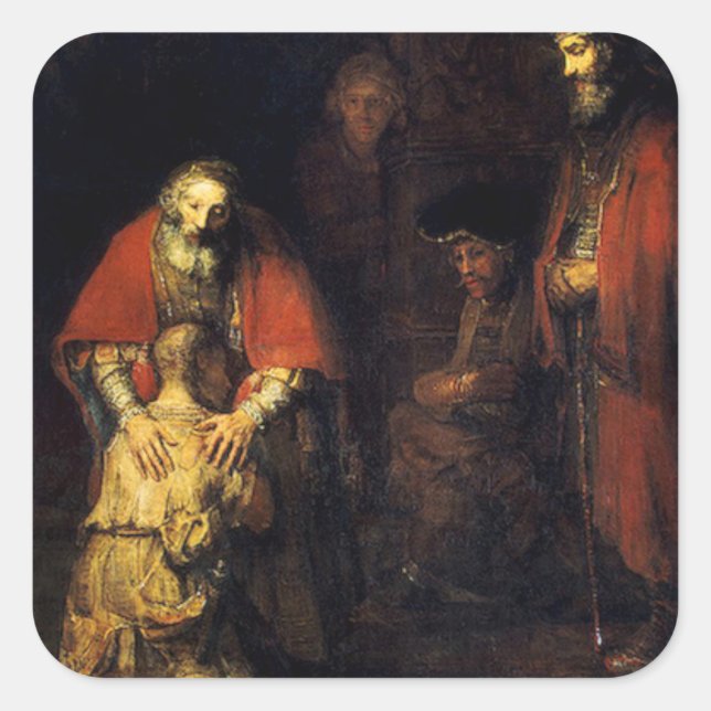 Pegatina Cuadrada Rembrandt - El regreso del hijo pródigo (Anverso)
