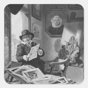 Pegatina Cuadrada Rembrandt en su estudio