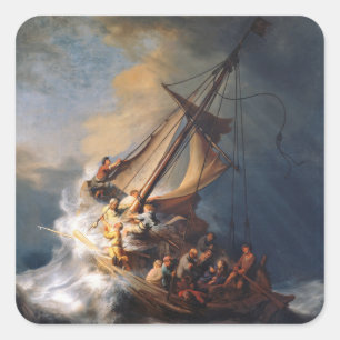 Pegatina Cuadrada Rembrandt Storm Sea of Galilee Painting
