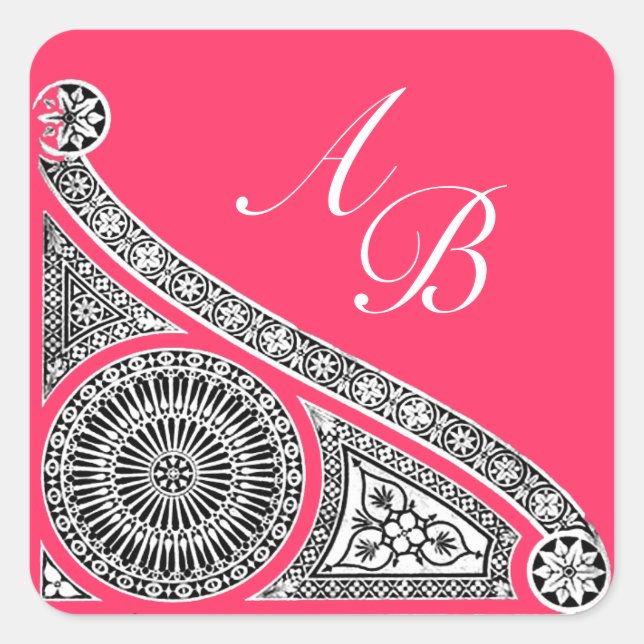 Pegatina Cuadrada RENAISSANCE MONOGRAM fucsia rosa blanco negro (Anverso)