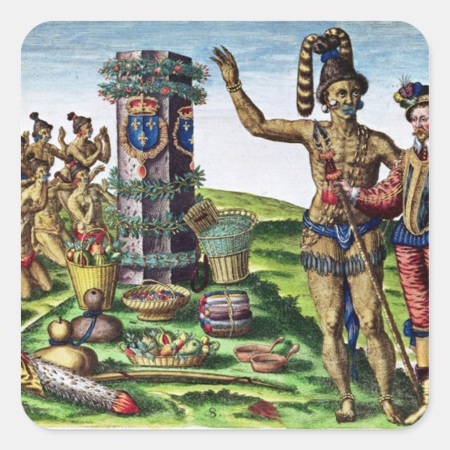 Pegatina Cuadrada Rene Goulaine de Laudonniere y Chief Athore (Anverso)