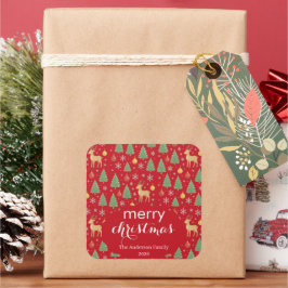 Pegatina Cuadrada Reno acuarela y árbol de Navidad -