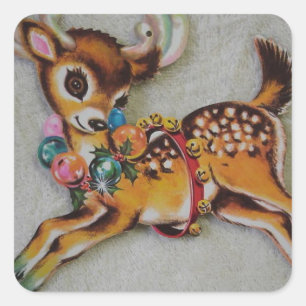 Pegatina Cuadrada Reno de Navidad de los años 1950