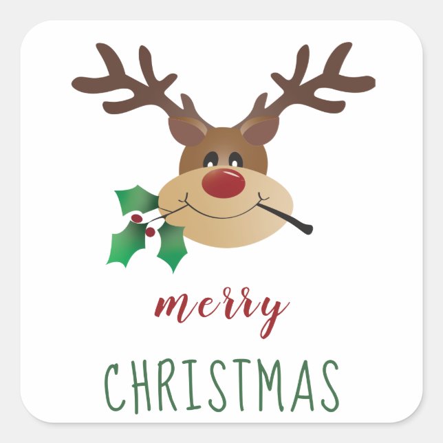 Pegatina Cuadrada Reno Personalizado Con Mistletoe (Anverso)