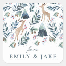Pegatina Cuadrada Renos acuarelas en vacaciones forestales