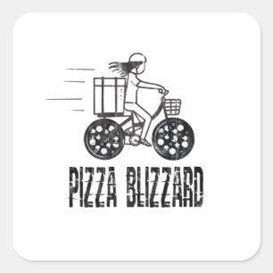 Pegatina Cuadrada Repartidor de pizza en bicicleta con tormenta de n