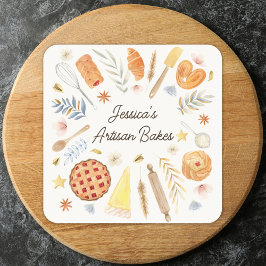 Pegatina Cuadrada Repostería de Pastelería de Acuarela Personalizada