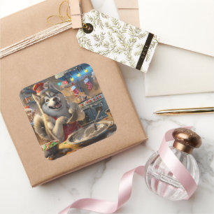 Pegatina Cuadrada Repostería Navideña con Alaskan Malamute: Navidad 