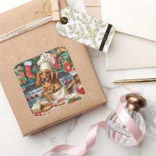 Pegatina Cuadrada Repostería Navideña de Dachshund: Navidad Festiva