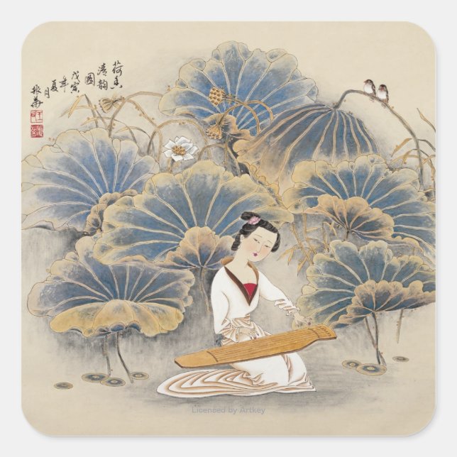 Pegatina Cuadrada Reproduciendo música de Lotus Pond (Anverso)