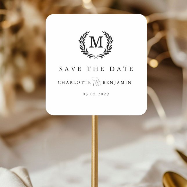 Pegatina Cuadrada Reserva la fecha! Elegante Escudo Monograma Blanco (Save The Date! Elegant Crest Monogram White Square Sticker)