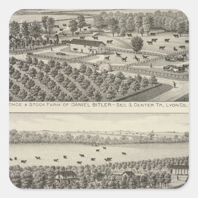 Pegatina Cuadrada Residencias y granjas del condado de Lyon, Kansas (Anverso)