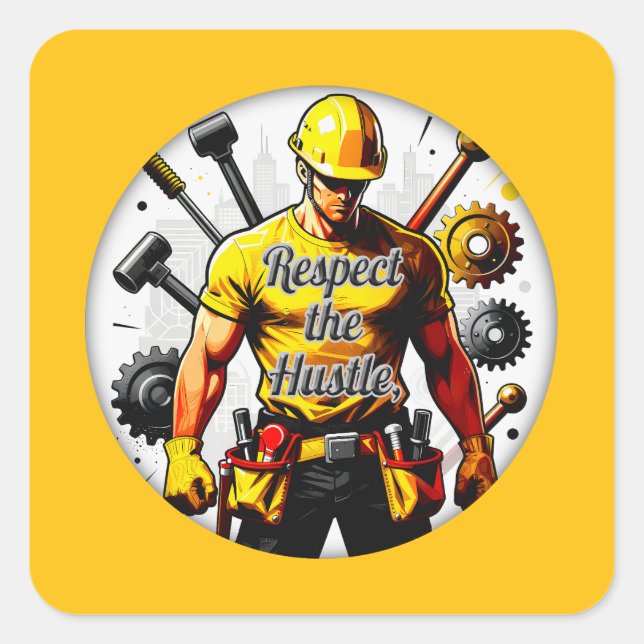 Pegatina Cuadrada Respect the Hustle Construction Worker Design – La (Anverso)
