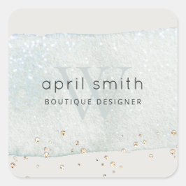 Pegatina Cuadrada Resumen Aqua Blue Bruske Monograma Purpurina