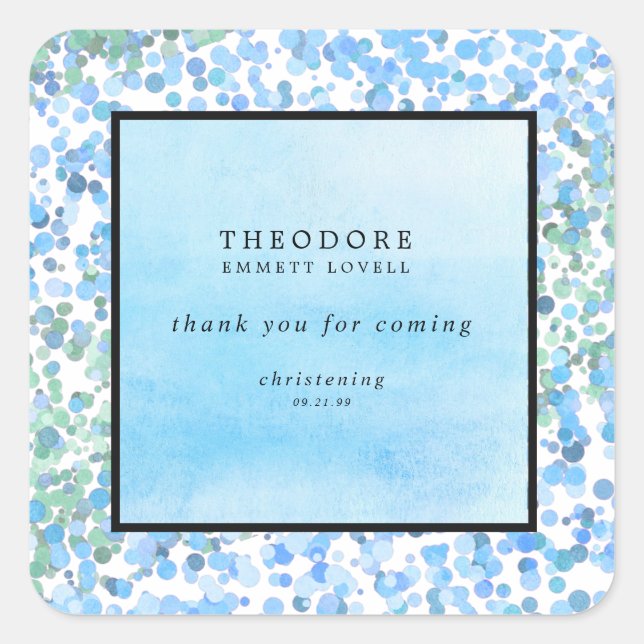 Pegatina Cuadrada Resumen Blue Modern Christening Gracias (Anverso)