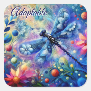 Pegatina Cuadrada Resumen caprichoso Dragonfly Floral Verde azulado