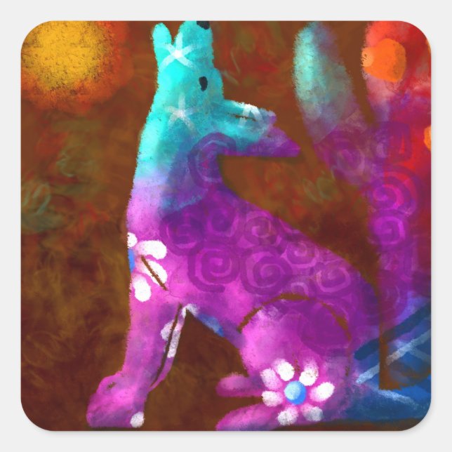 Pegatina Cuadrada Resumen de Coyote Arte Saguaro Cactus Deert Brown (Anverso)