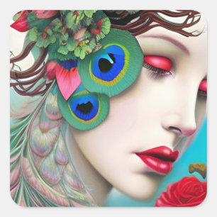 Pegatina Cuadrada Resumen de los labios rojos y los Rosas del pavo r