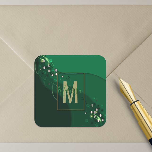 Pegatina Cuadrada Resumen de lujo Monogramado de oro verde esmeralda (Subido por el creador)