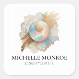 Pegatina Cuadrada Resumen de opal holográfico con pinceles de oro