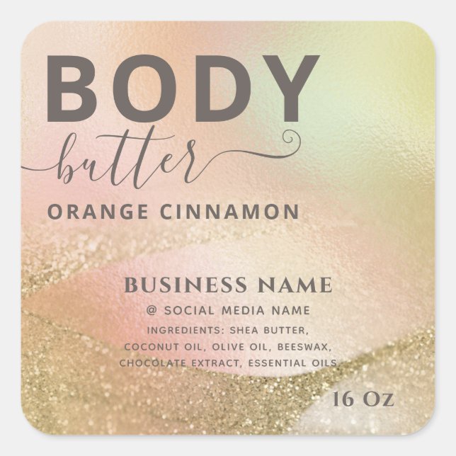 Pegatina Cuadrada Resumen de oro holográfico moderno script producto (Anverso)