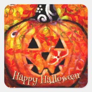 Pegatina Cuadrada Resumen feliz de Halloween Jack O Lantern Pumpkin