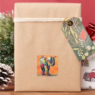 Pegatina Cuadrada Resumen feliz elefante arcoiris