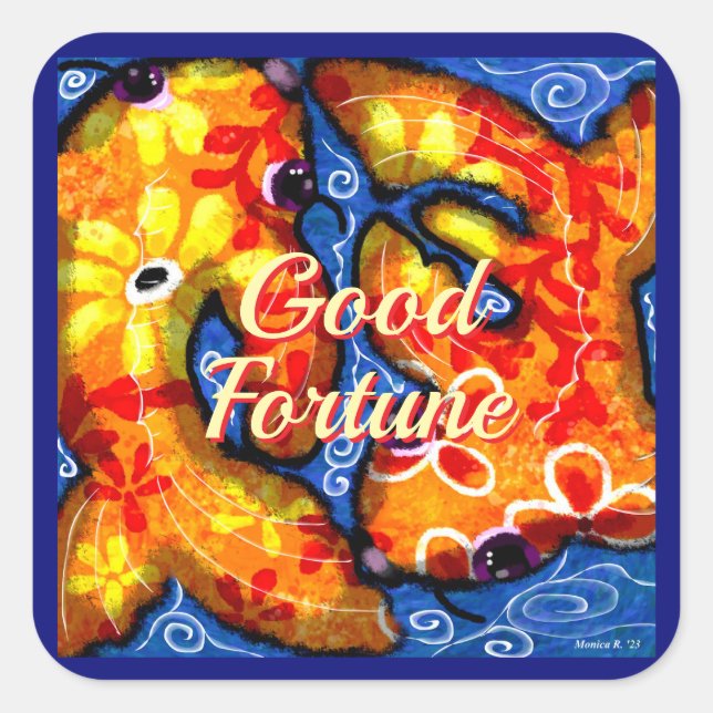 Pegatina Cuadrada Resumen Floral Koi Fish Naranja Rojo amarillo (Anverso)