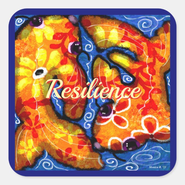 Pegatina Cuadrada Resumen Floral Koi Fish Naranja Rojo amarillo (Anverso)