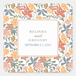 Pegatina Cuadrada Resumen Floral y pájaros Boda moderno de mediados