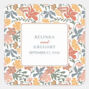 Pegatina Cuadrada Resumen Floral y pájaros Boda moderno de mediados